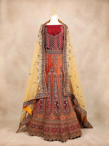 Red with Orange Velvet Designer Bridal Lehenga with Floral Embroidery - Diadem