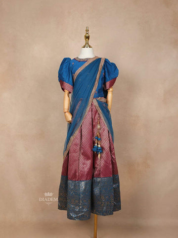 Maroon and Teal Blue Silk Half Saree with Puff Sleeves - Diadem