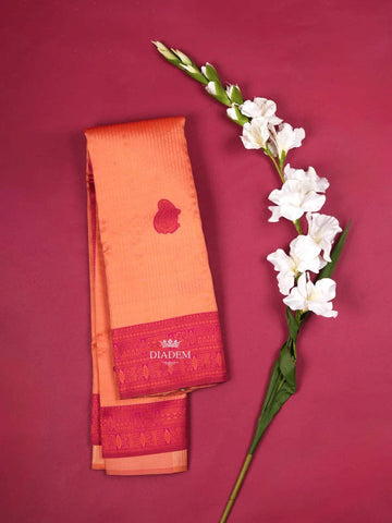 Coral Art Silk Saree with Paisley and Stripes Pattern on the Body with Designed Border - Diadem