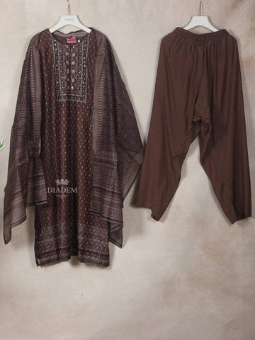 Dark Brown Georgette Straight-Cut Salwar Suit for Girls Adorned with Floral Design, Paired with Dupatta - Diadem
