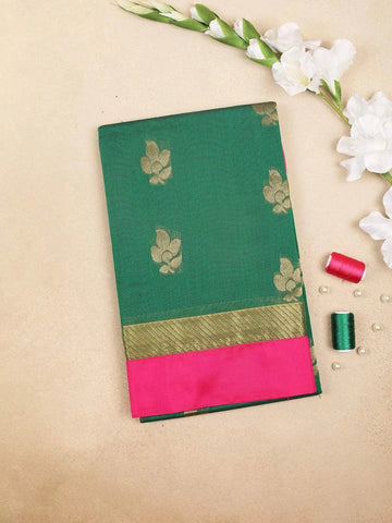Green Silk Cotton Saree with Floral Motif Design on the Body with Contrast Border - Diadem