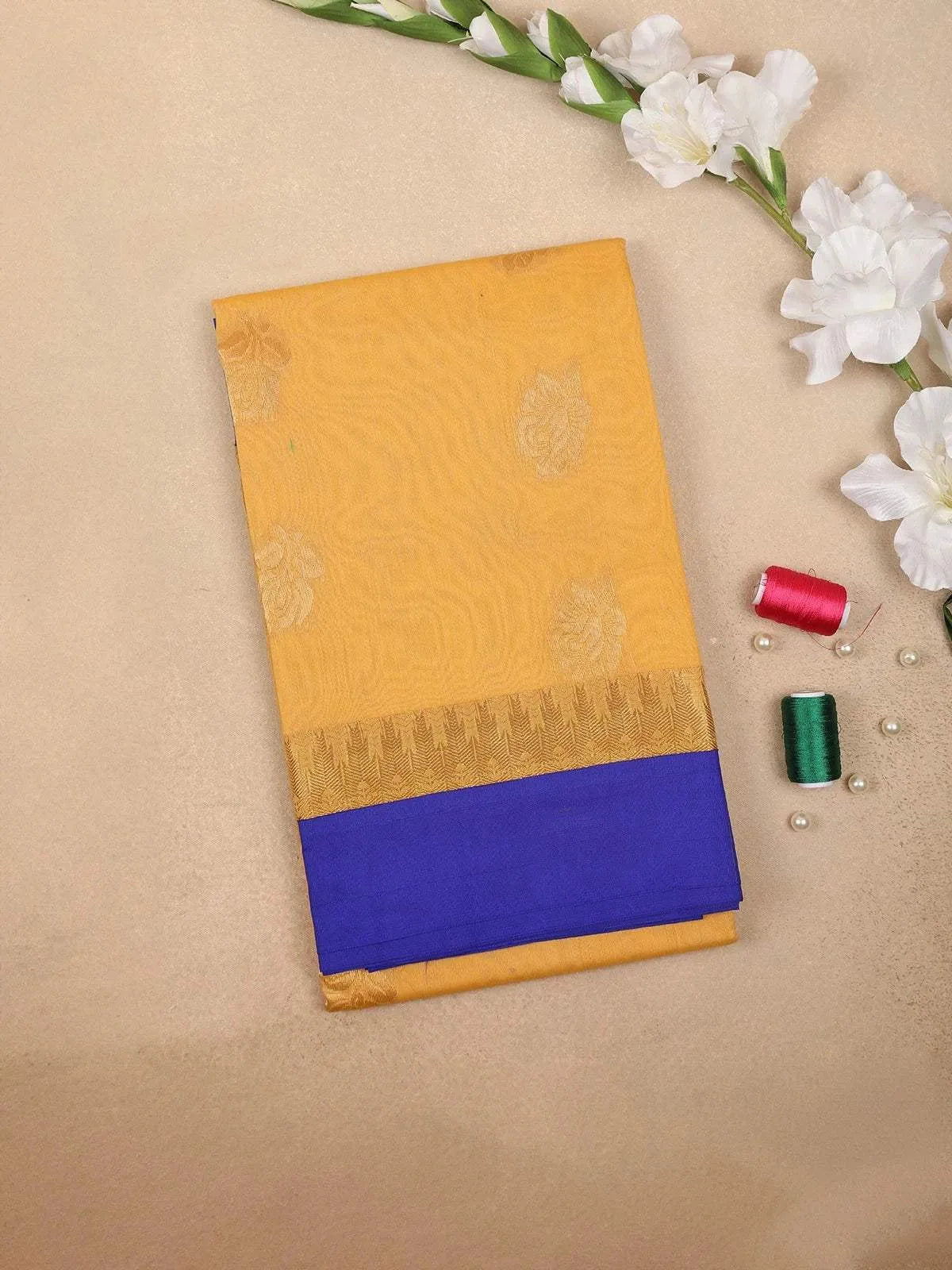 Sandal Silk Cotton Saree with Rose Motif on the Body with with Contrast Border - Diadem