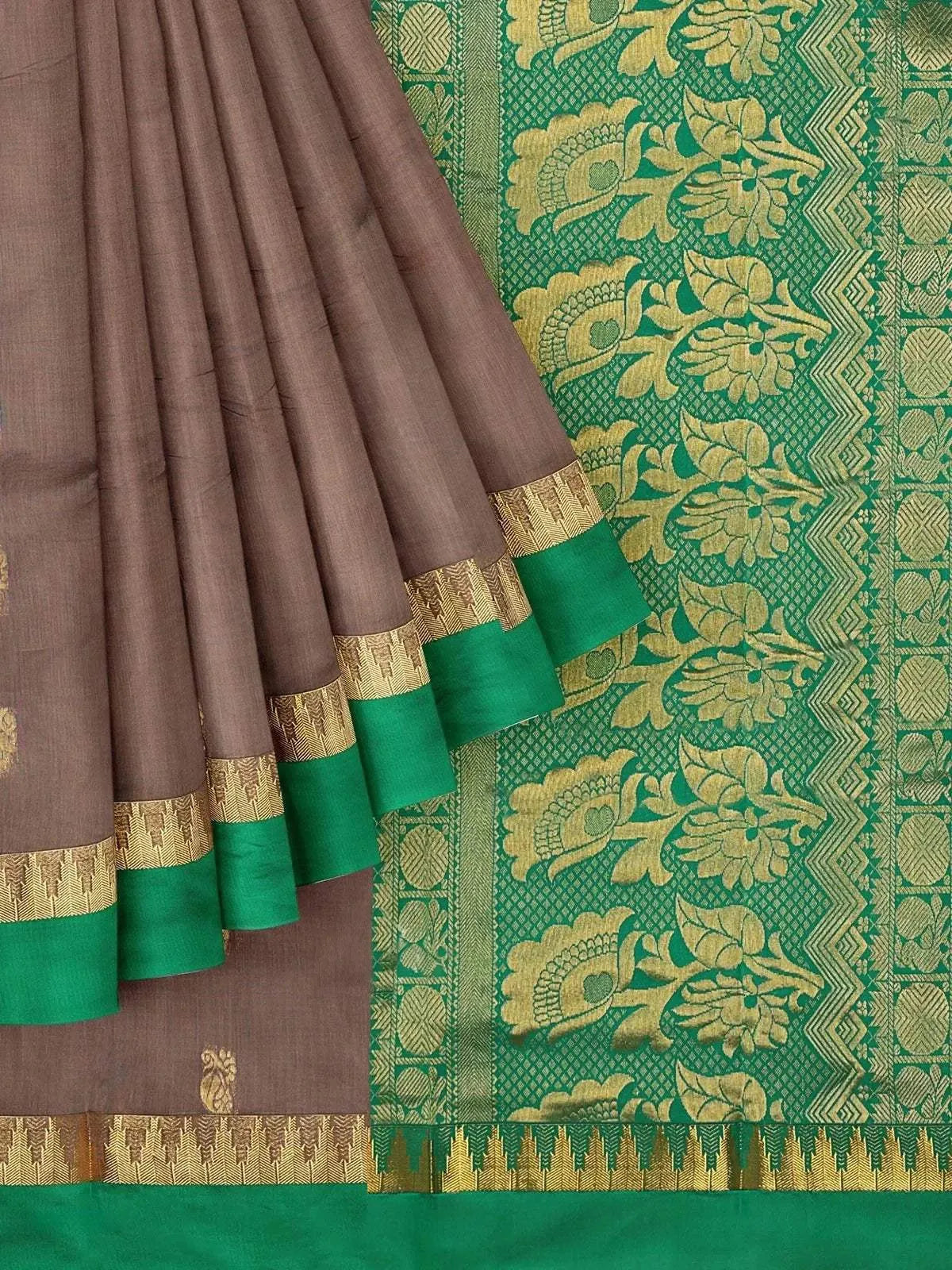 Brown Silk Cotton Saree with Zari Butta on the body and Contrast Temple Zari Border - Diadem