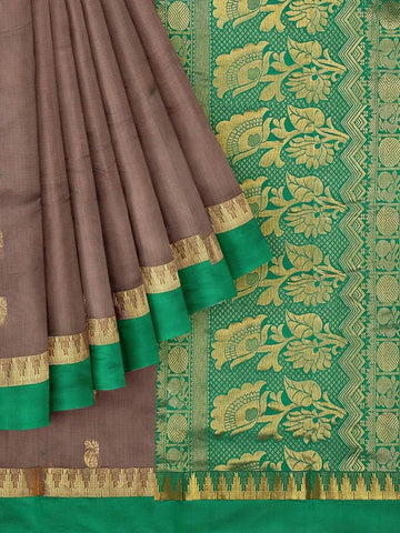 Brown Silk Cotton Saree with Zari Butta on the body and Contrast Temple Zari Border - Diadem