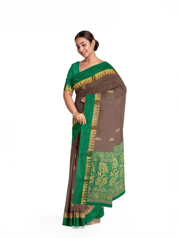 Brown Silk Cotton Saree with Zari Butta on the body and Contrast Temple Zari Border - Diadem