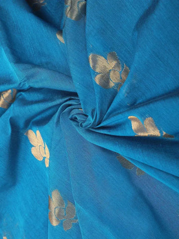 Blue Silk Cotton Saree with Floral Design on the Body with Contrast Zari Border - Diadem