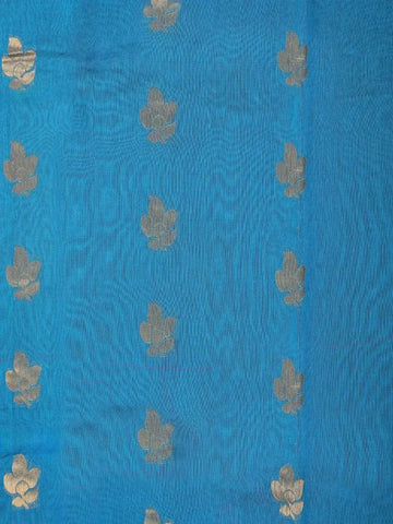 Blue Silk Cotton Saree with Floral Design on the Body with Contrast Zari Border - Diadem