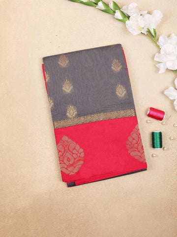 Grey Silk Cotton Saree with Leaf Deign on the Body with Contrast Designed Border - Diadem