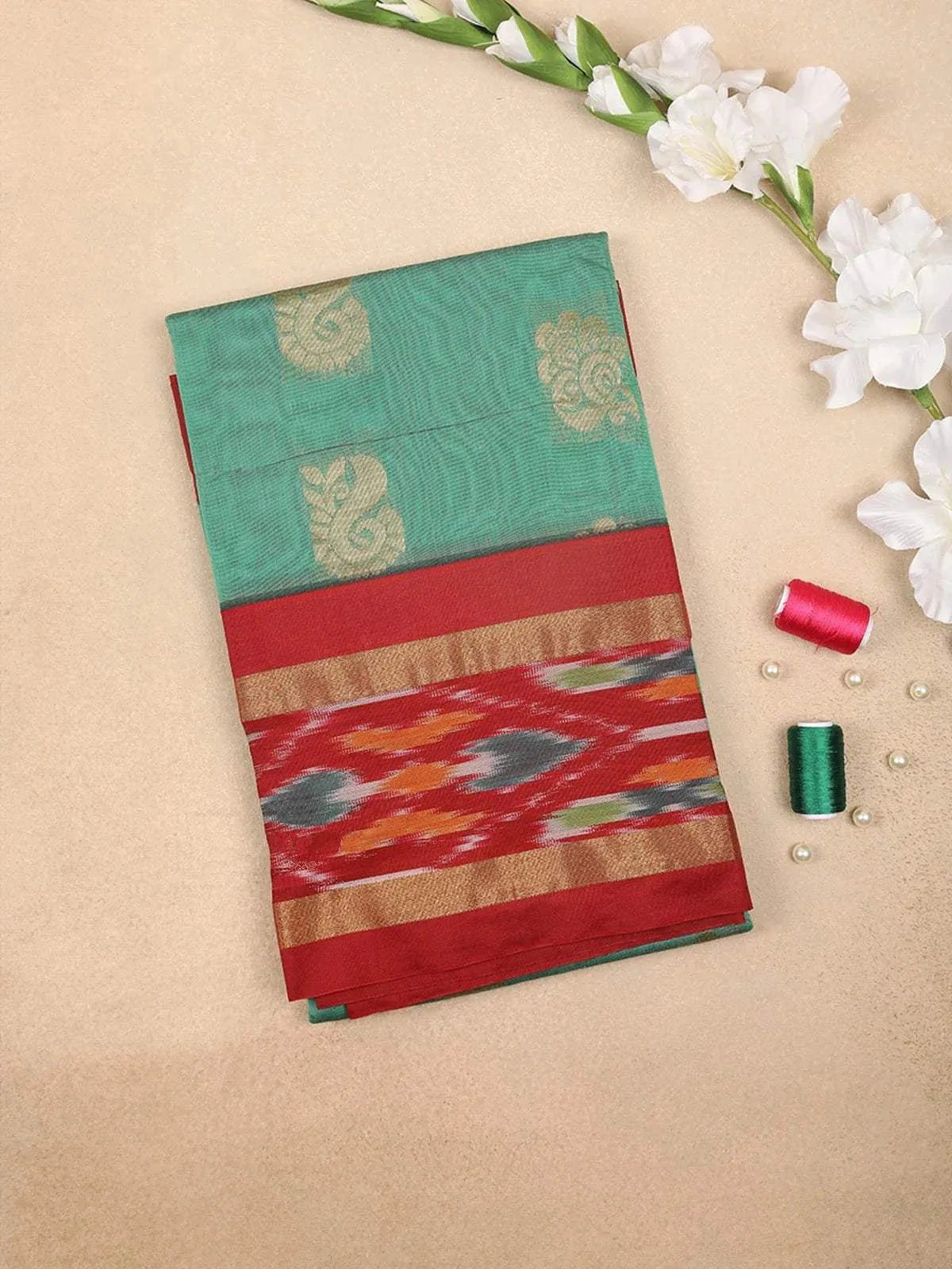 Green Silk Cotton Saree with Paisley and Floral Motif Design on the Body with Contrast Border - Diadem