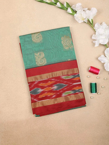 Green Silk Cotton Saree with Paisley and Floral Motif Design on the Body with Contrast Border - Diadem