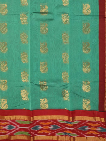 Green Silk Cotton Saree with Paisley and Floral Motif Design on the Body with Contrast Border - Diadem