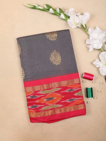 Grey Silk Cotton Saree with Floral motif Design on the Body and Contrast Border - Diadem