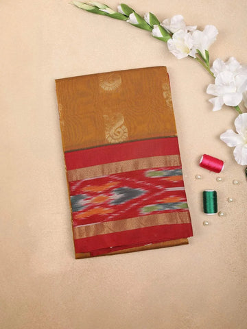 Brown Silk Cotton Saree with Paisley Motif on the Body with Ikat Designed Border - Diadem