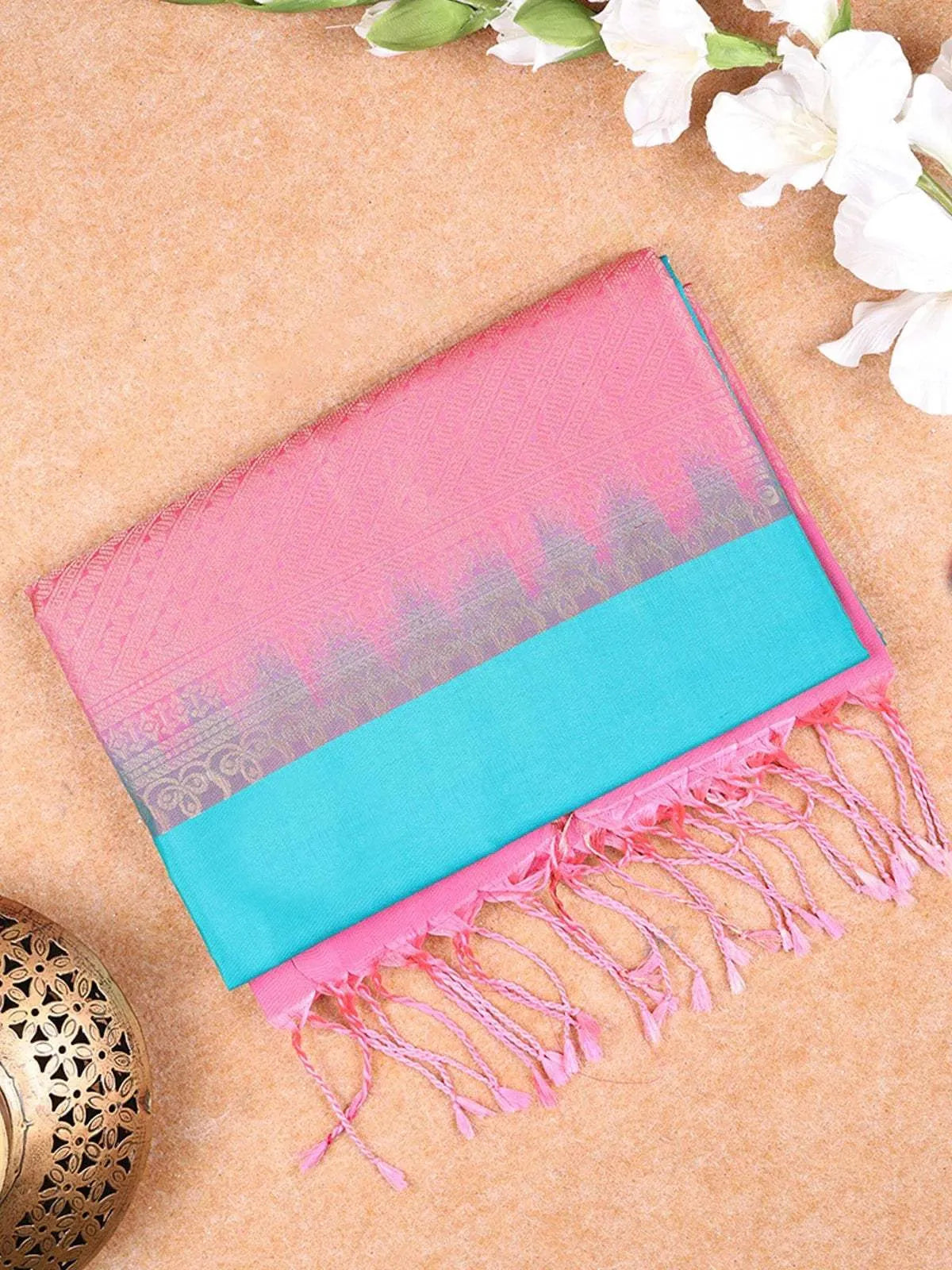 Teal Blue Soft Silk Saree with Floral and Paisley Design on the Body with Contrast Border - Diadem