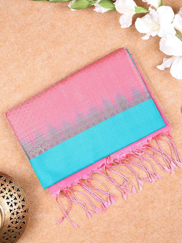 Teal Blue Soft Silk Saree with Floral and Paisley Design on the Body with Contrast Border - Diadem