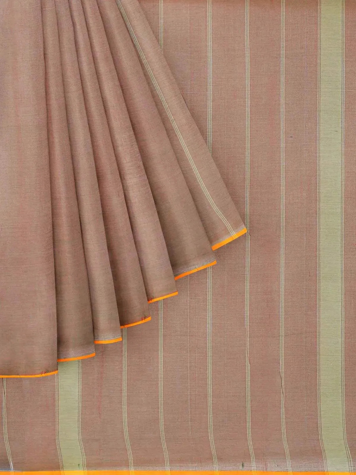 Light Brown Kanchi Cotton Saree with Stripes on the Body and Contrast Zari Border - Diadem