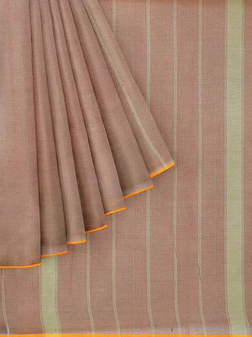 Light Brown Kanchi Cotton Saree with Stripes on the Body and Contrast Zari Border - Diadem