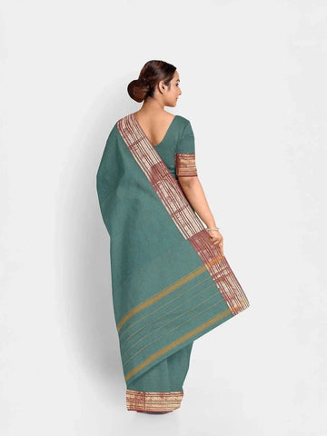 Green Kanchi Cotton Saree with Plain Thread Butta and Zari Border - Diadem