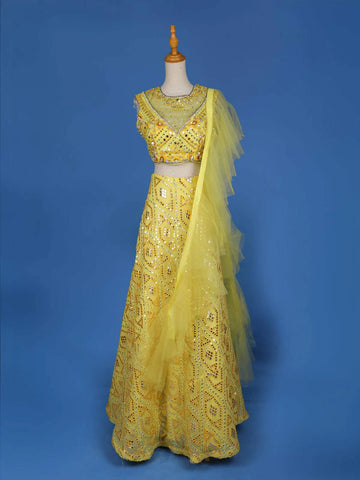Yellow Sangeet Lehenga Adorned with Floral and Mirror Embroidery Designs, with Matching Ruffle Dupatta - Diadem