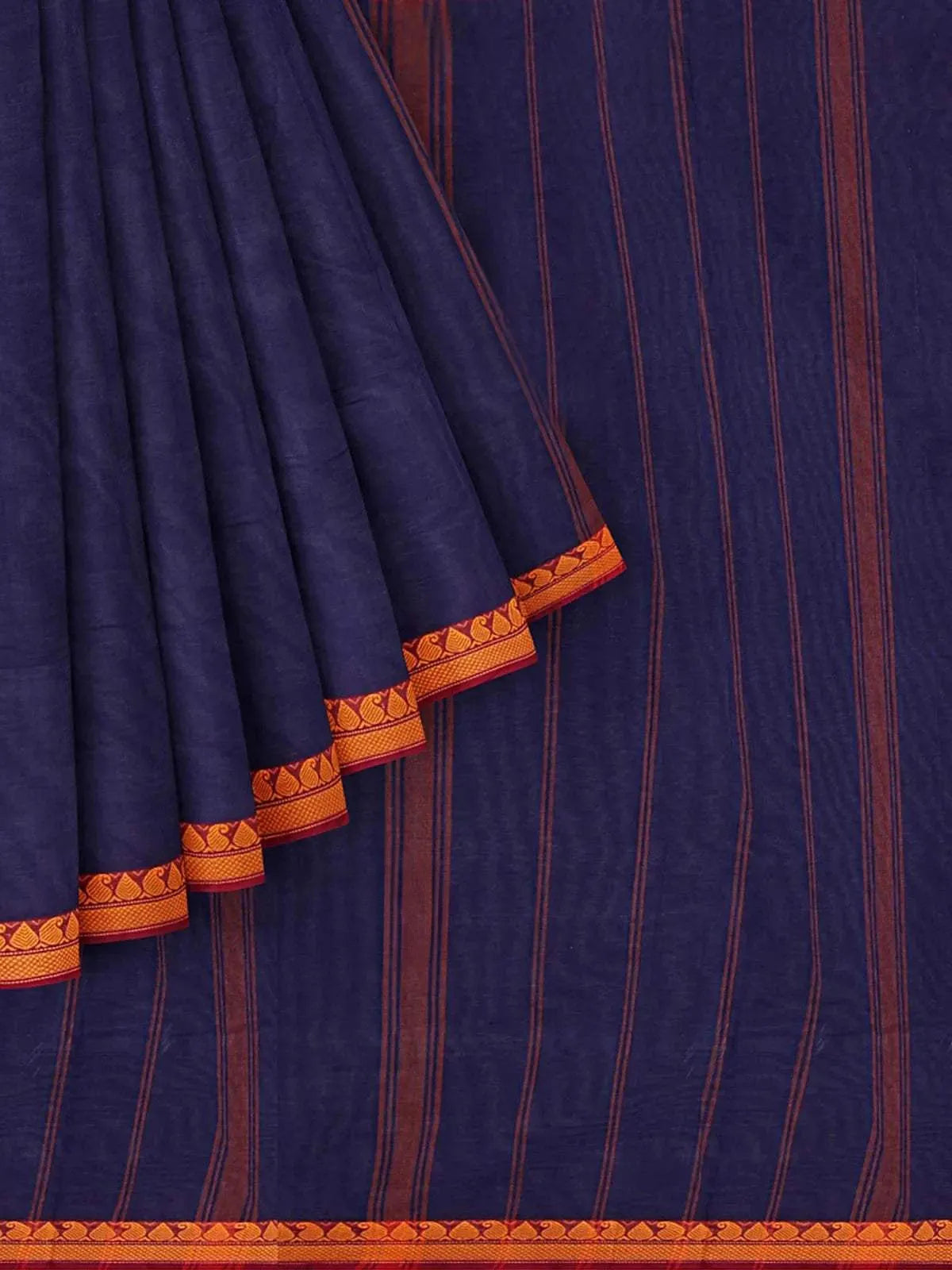 Navy Blue Kanchi Cotton Saree with Stripes on the Body and Thread Border - Diadem