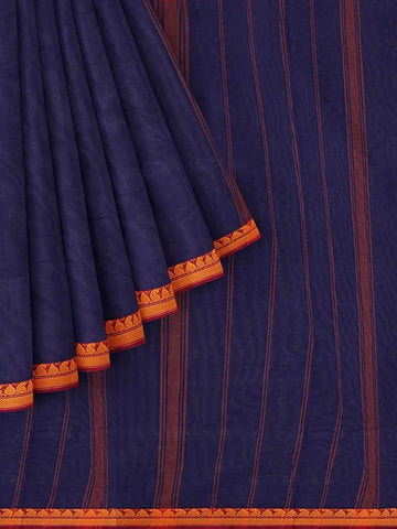 Navy Blue Kanchi Cotton Saree with Stripes on the Body and Thread Border - Diadem