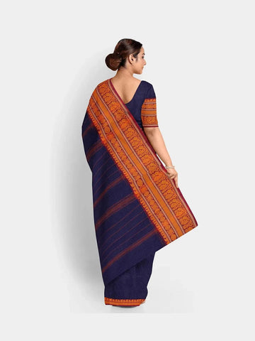 Navy Blue Kanchi Cotton Saree with Stripes on the Body and Thread Border - Diadem