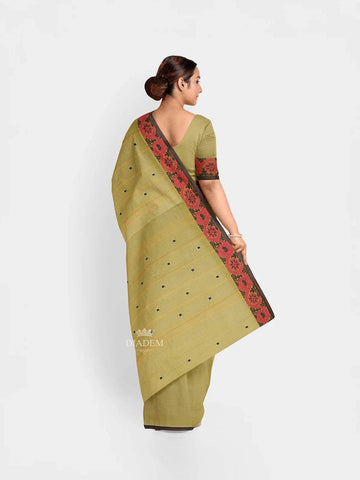 Olive Green Kanchi Cotton Saree with Threadwork on the Body and Thread Border - Diadem