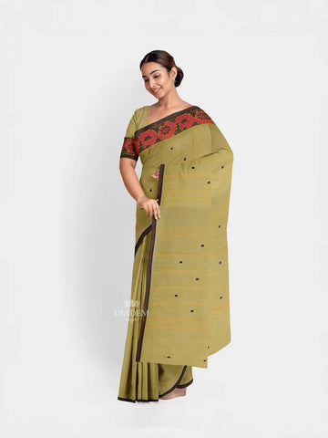 Olive Green Kanchi Cotton Saree with Threadwork on the Body and Thread Border - Diadem