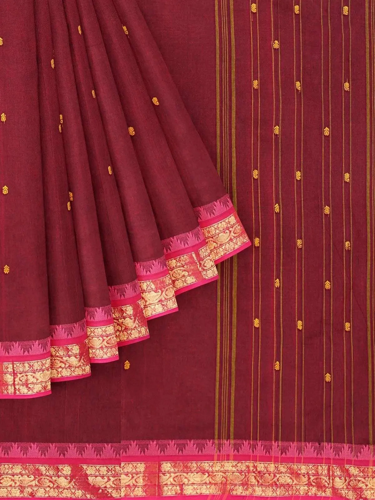 Maroon Kanchi Cotton Saree with Thread Butta and Zari Border - Diadem