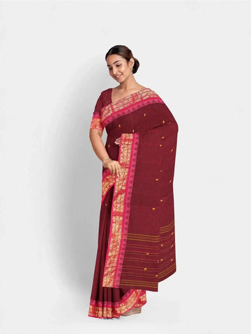 Maroon Kanchi Cotton Saree with Thread Butta and Zari Border - Diadem