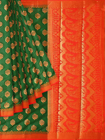 Green Semi Silk Saree with Paisley Motif on the body and Contrast Zari Border - Diadem