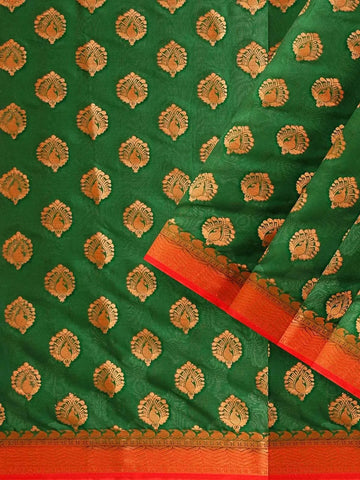 Green Semi Silk Saree with Paisley Motif on the body and Contrast Zari Border - Diadem