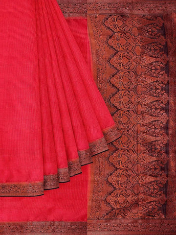 Red Pink Semi Silk Saree with Checked design on the body and Contrast Zari Border - Diadem