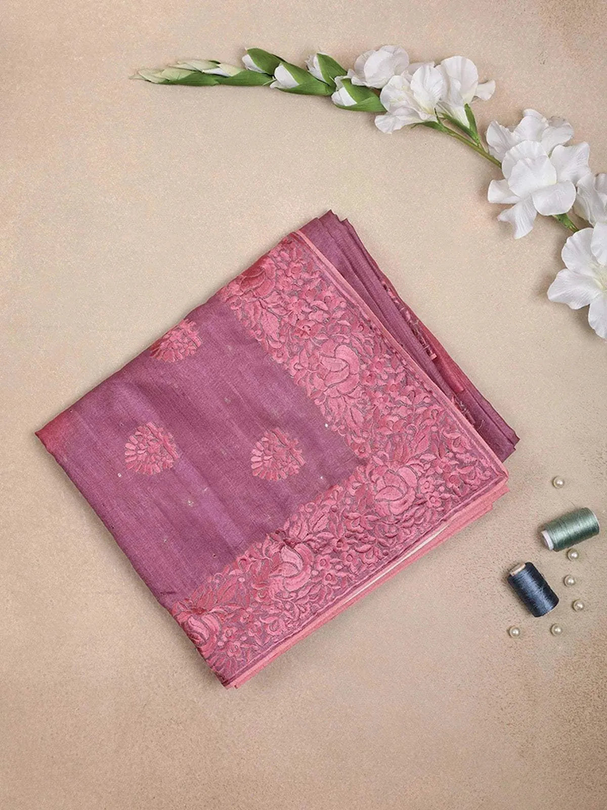 Rose Pink Semi Tussar Silk Saree with Floral and Leaf Design on the Body with Lace Border - Diadem