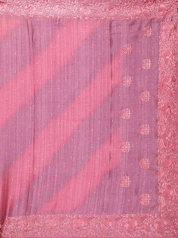 Rose Pink Semi Tussar Silk Saree with Floral and Leaf Design on the Body with Lace Border - Diadem