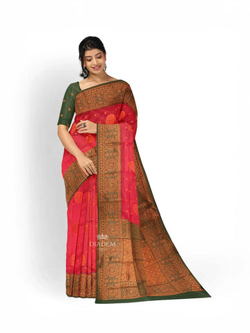Pink Art Silk Saree with Floral Motif on the body and Contrast Zari Border - Diadem