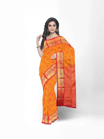 Orange Art Silk Saree With Floral Motif On the Body with Contrast Zari Border - Diadem