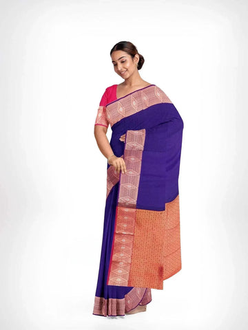 Royal Blue Art Silk Saree with plain body and Contrast Zari Border - Diadem