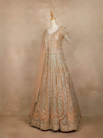 Light Brown Sequined Bridal Reception Gown & Dupatta - Diadem