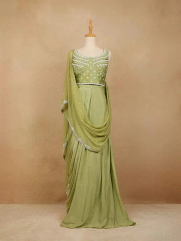 Pista Green Satin Saree with Plain Body and Designer Blouse - Diadem