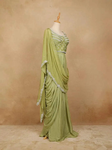 Pista Green Satin Saree with Plain Body and Designer Blouse - Diadem