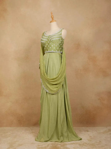 Pista Green Satin Saree with Plain Body and Designer Blouse - Diadem