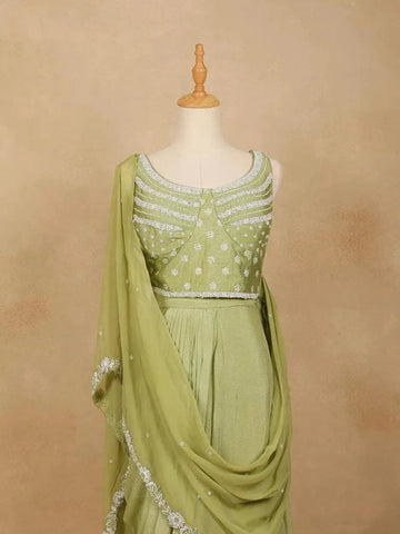 Pista Green Satin Saree with Plain Body and Designer Blouse - Diadem