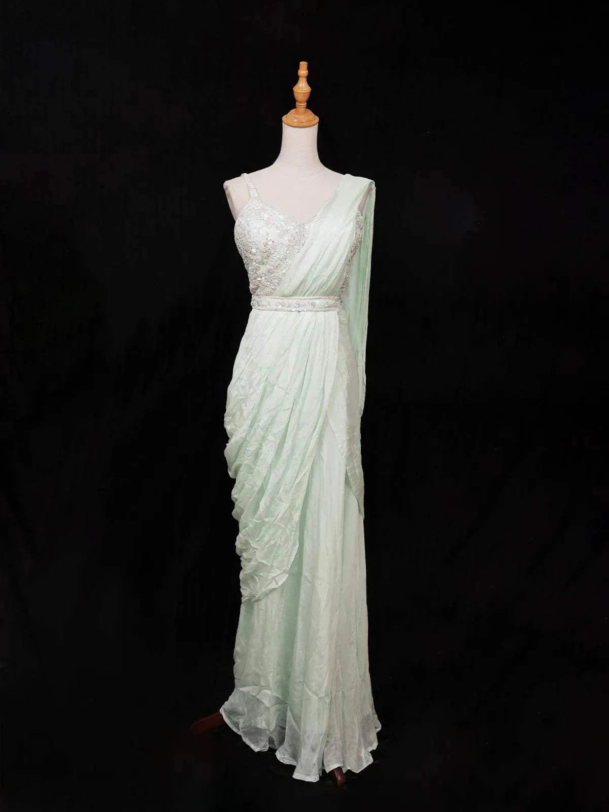 Light Green Chiffon Ready to Wear Saree with Plain Body Paired with Designer Blouse and Waist Belt - Diadem