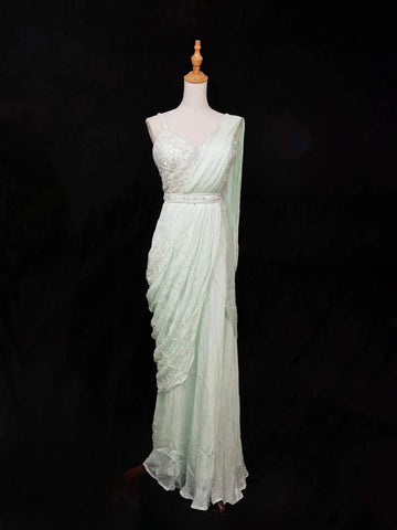 Light Green Chiffon Ready to Wear Saree with Plain Body Paired with Designer Blouse and Waist Belt - Diadem