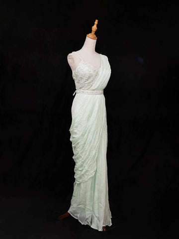 Light Green Chiffon Ready to Wear Saree with Plain Body Paired with Designer Blouse and Waist Belt - Diadem