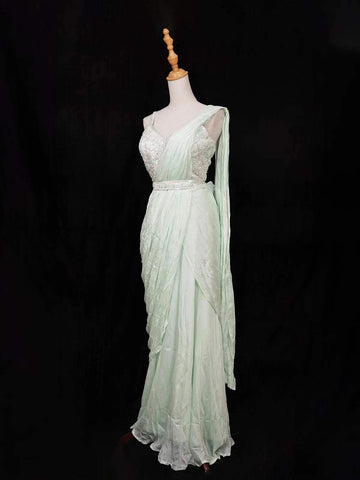 Light Green Chiffon Ready to Wear Saree with Plain Body Paired with Designer Blouse and Waist Belt - Diadem