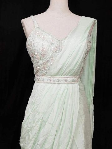 Light Green Chiffon Ready to Wear Saree with Plain Body Paired with Designer Blouse and Waist Belt - Diadem