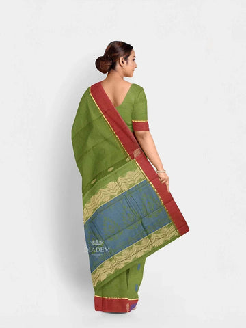 Parrot Green Kanchi Cotton Saree with Thread Butta on the Body and Thread with Zari Border - Diadem