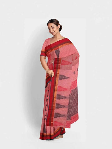 Pink Kanchi Cotton Saree with Thread Butta on the Body and Contrast Temple Zari Border - Diadem